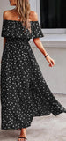 Dotted cotton long house dress - with ruffles from the chest - off shoulder - open from one side