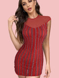 Lycra dress with bronze striped lengthwise - with a piece of chiffon at the chest and shoulders