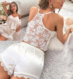 Two-piece satin pajama with lace from the chest and the end of the shorts