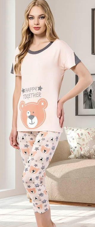 Two-piece cotton lycra pajama with stars and bears print