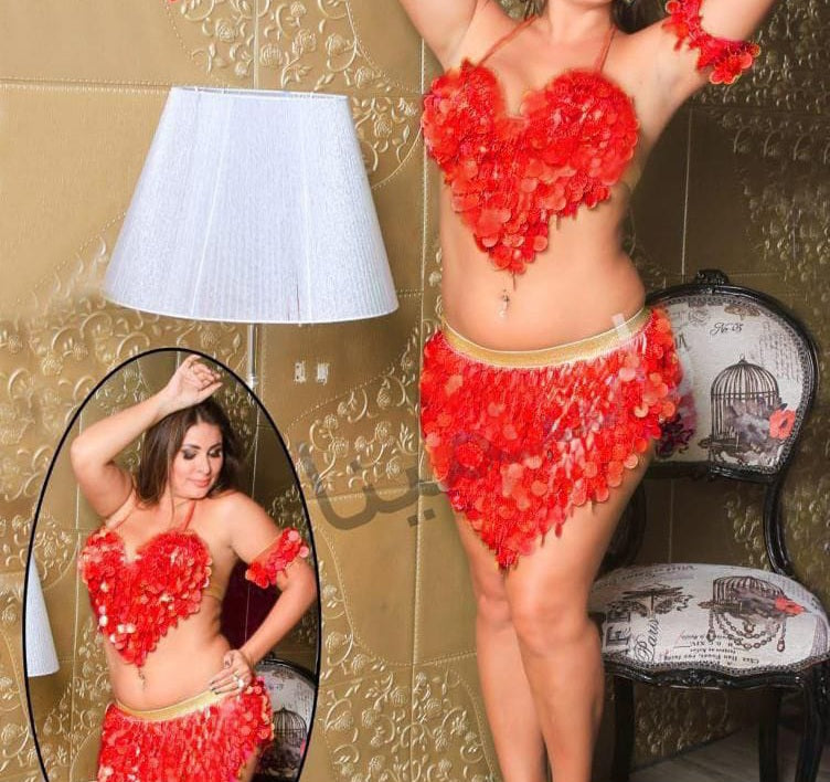 Belly dance suit made of lycra embroidered with metal rings