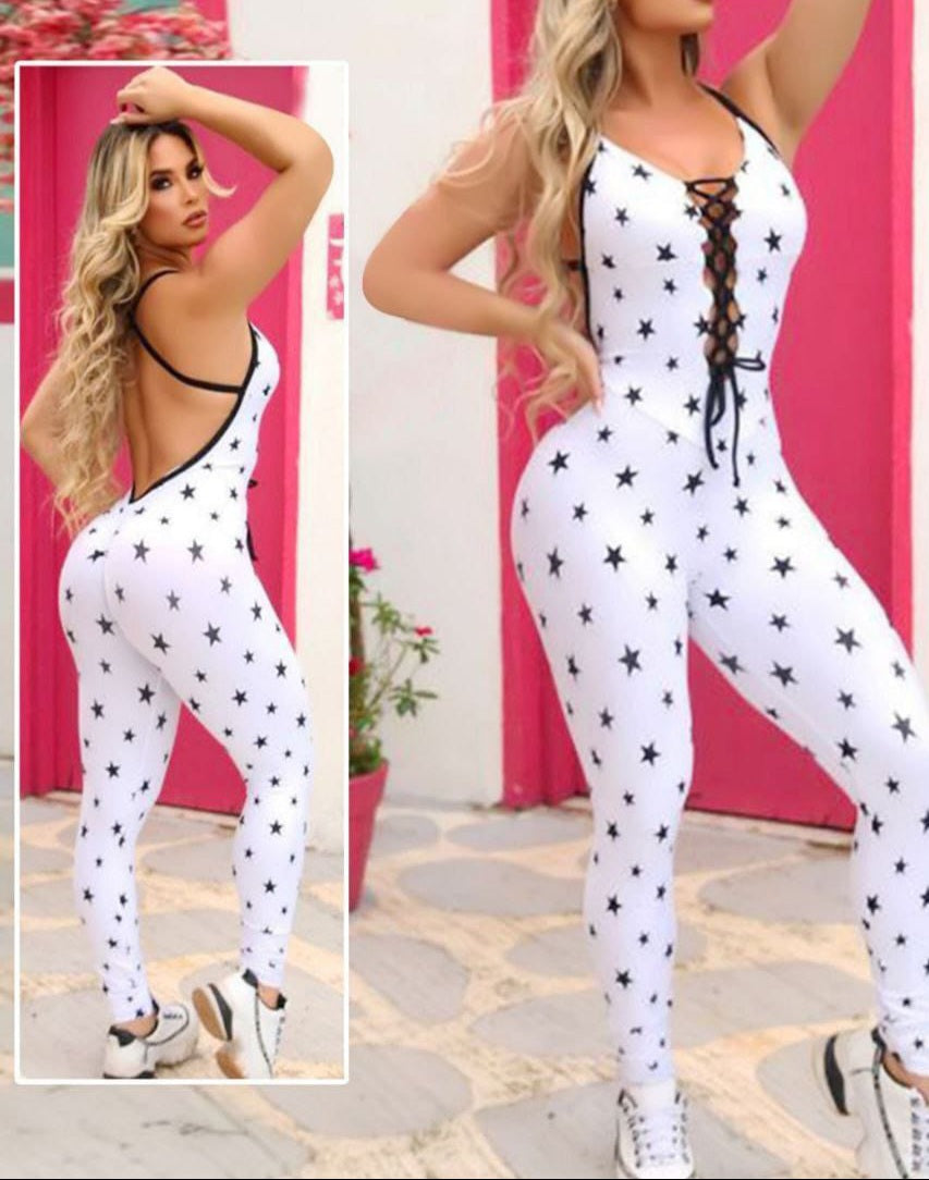 Lycra jumpsuit - with stars print - open back