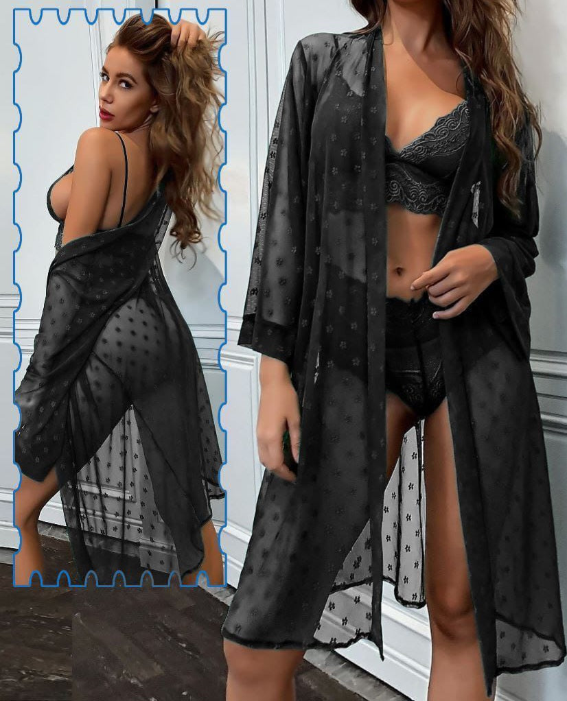 Lingerie 3 pieces consisting of bra and underwear made of lace with a dotted chiffon robe