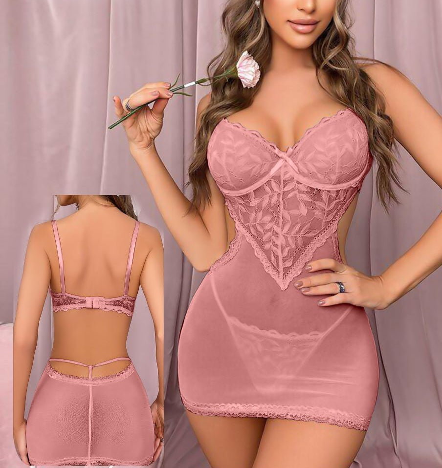 Lingerie lycra chiffon with lace from the chest - open back