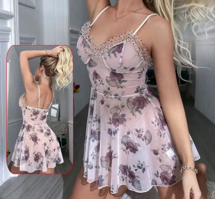 Floral chiffon lingerie with ruffles on the chest