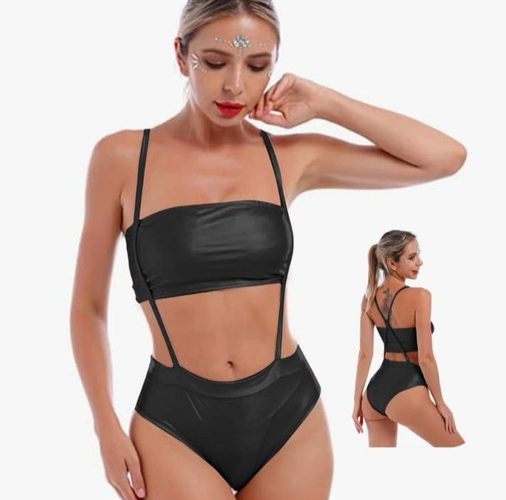 Two-piece leather lingerie with shoulder straps connected to the underwear