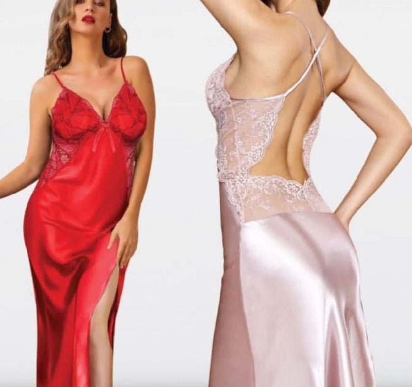 Long satin lingerie with lace from the chest and sides - an open back and an opening from one side in the front