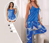 Satin pajamas - 3 pieces - with pants and shorts with floral print - a top with thin straps