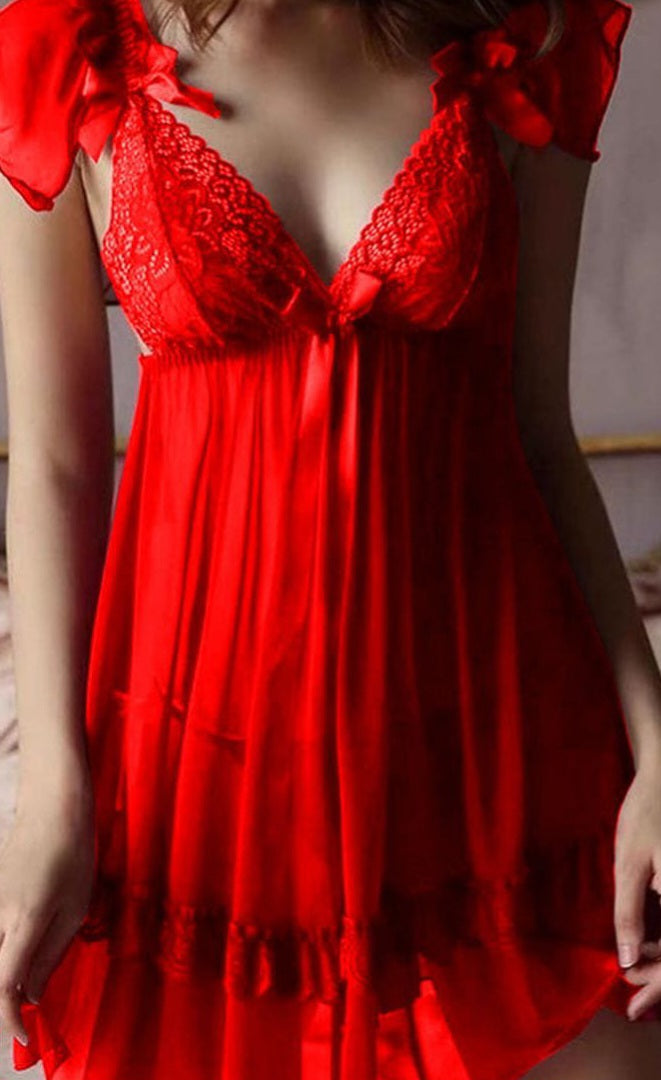 Lingerie made of chiffon with lace on the chest and ruffles on the shoulders
