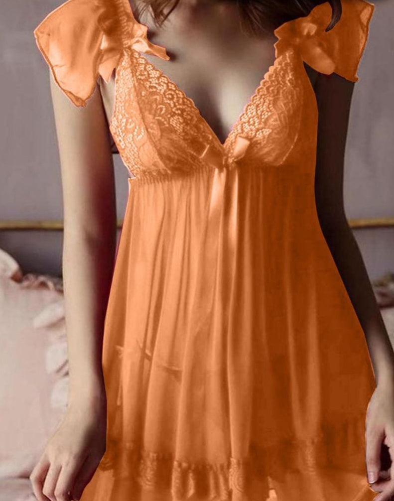 Lingerie made of chiffon with lace on the chest and ruffles on the shoulders