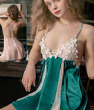 Lingerie made of satin with dotted chiffon on the sides and chest, with rose embroidery on the chest and back