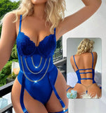 Jumpsuit made of Lycra with lace on the chest and metal chains on the stomach and back - open back