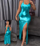 Long dress made of disco leather, open on one side