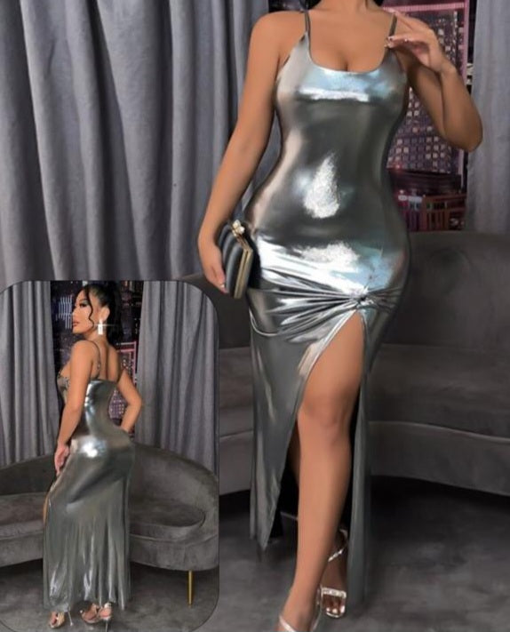 Long dress made of disco leather, open on one side