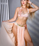 A belly dancing suit made of Lycra with shiny beaded embroidery