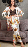Three-piece pajama made of floral satin with a lace top