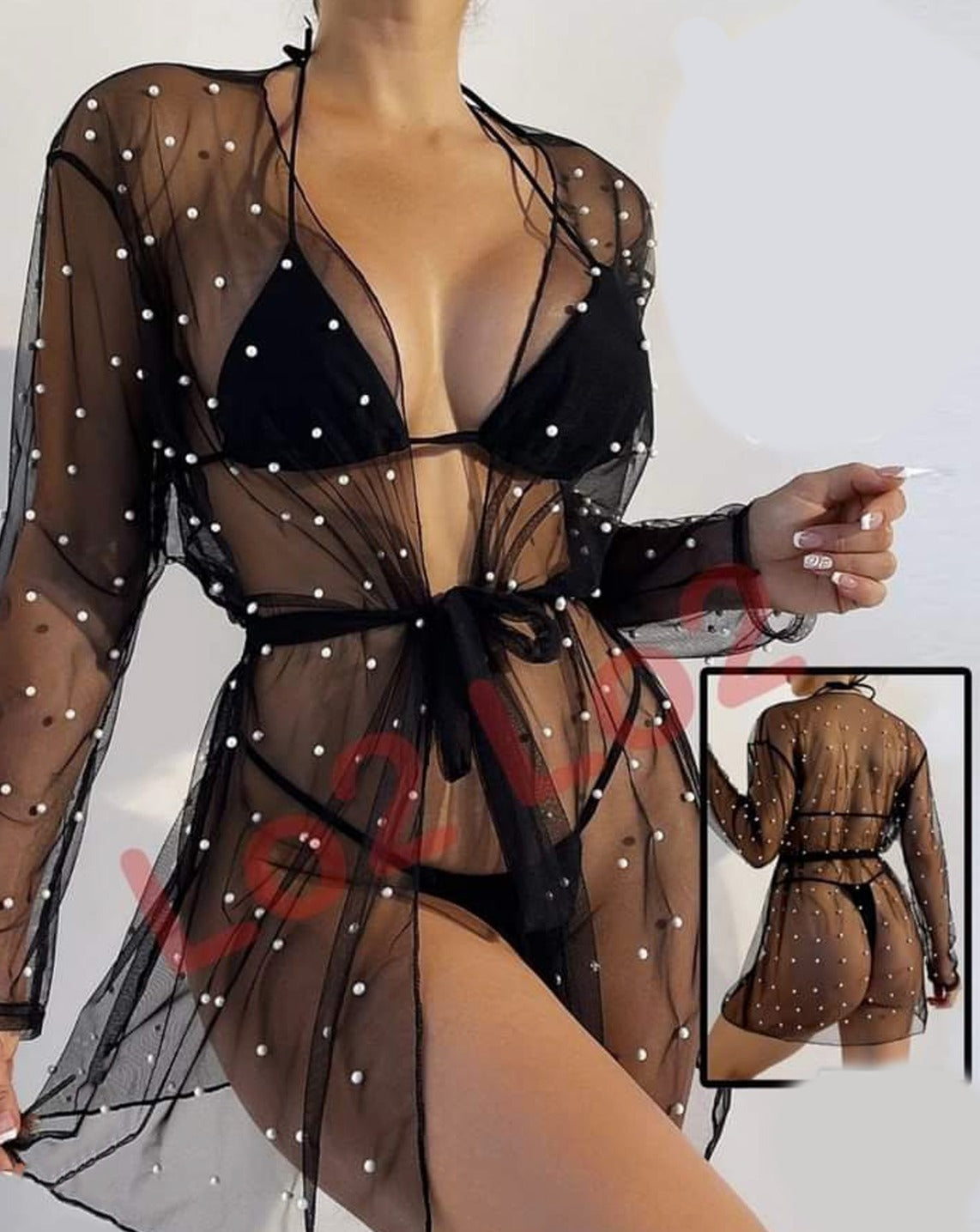 Lingerie pieces made of Lycra and a robe made of chiffon with pearl embroidery
