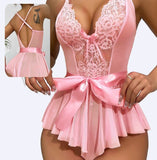 Jumpsuit made of Lycra butter with lace on the stomach and chest with a satin ribbon in the middle - open back