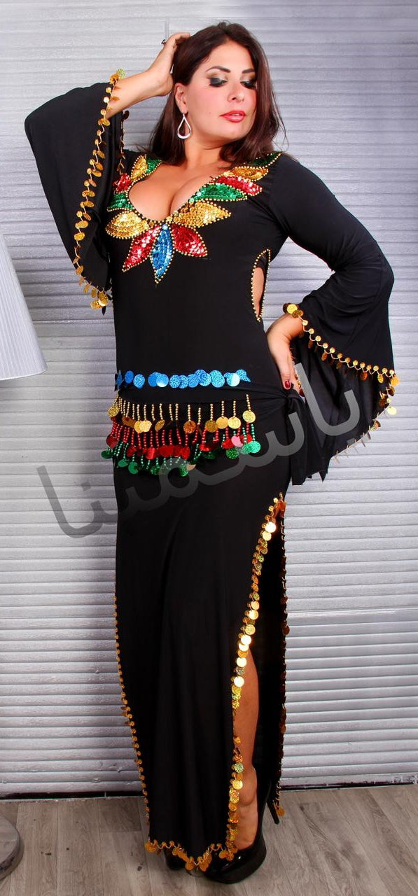 Belly dance abaya - made of lycra and shiny rings - with sequins embroidery on the chest