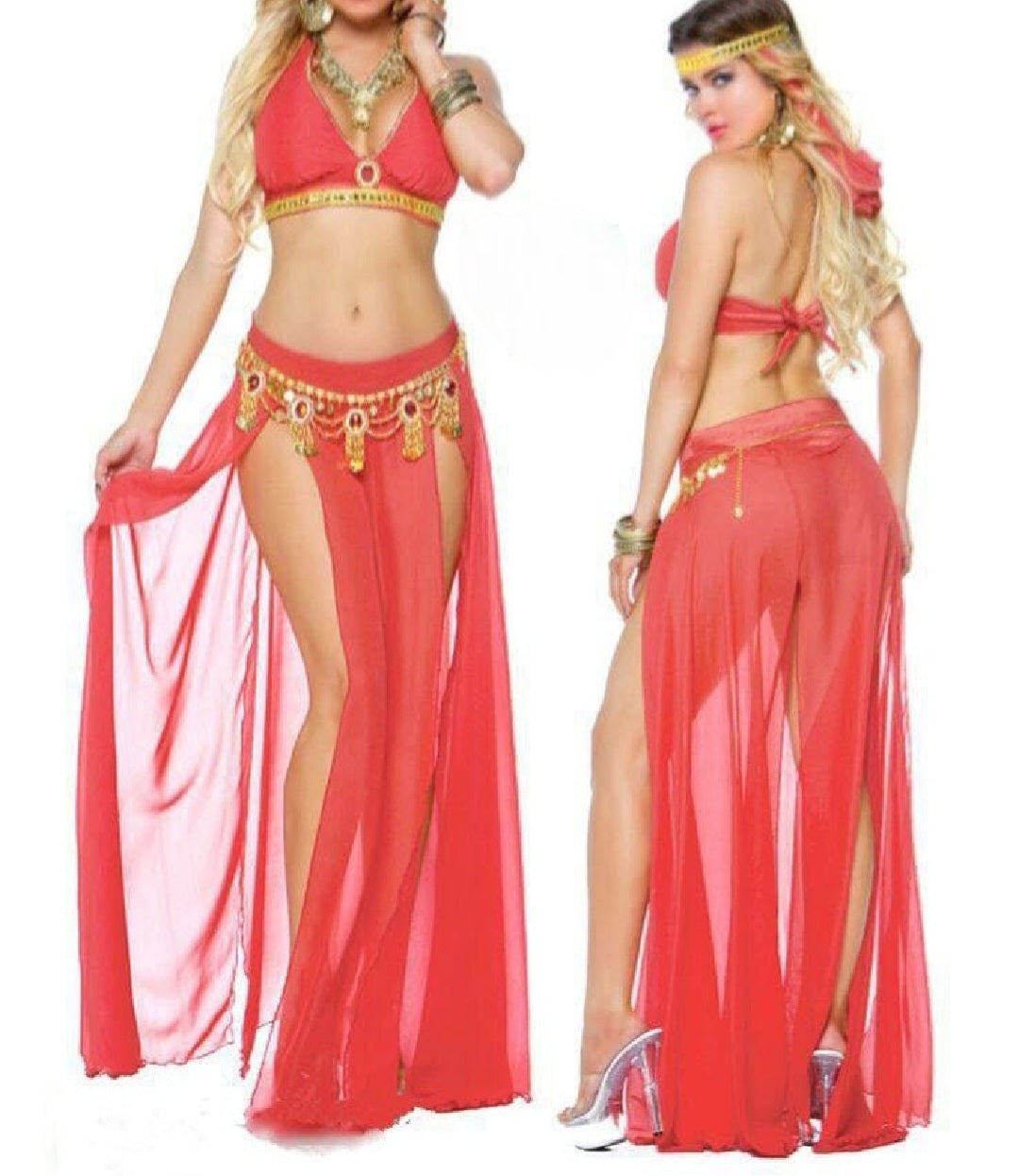Two-piece belly dance suit made of chiffon with shiny metal chains around the middle