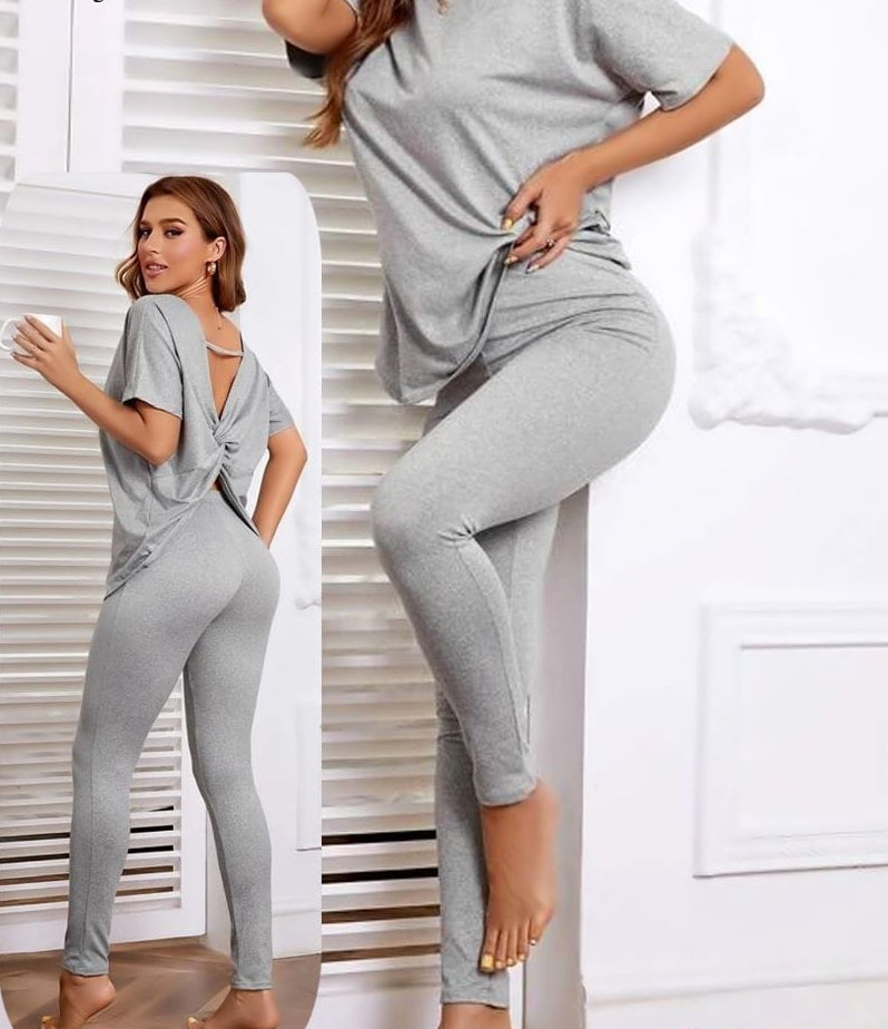 Two-piece cotton pajama with open back - Dala3ny
