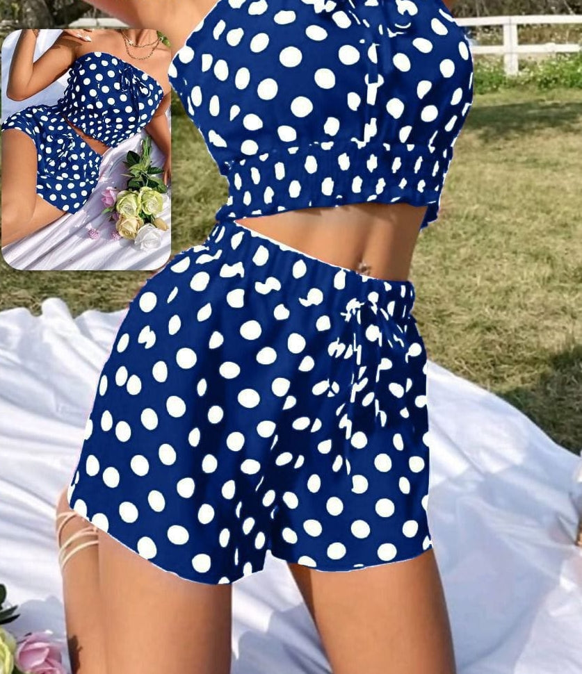 Two-piece dotted cotton pajama - without shoulder straps - with elastic in the middle - Dala3ny