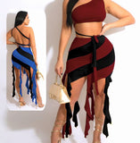 Lycra dress - with one strap - open from the middle and back - with tassels from the tail - Dala3ny