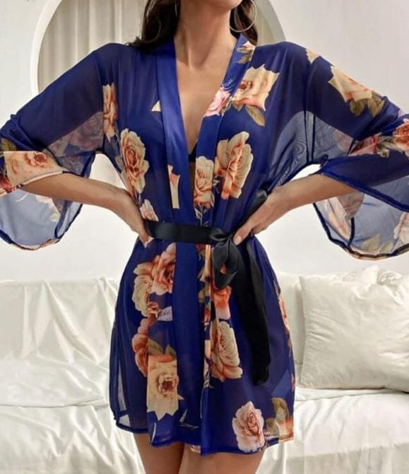 Floral chiffon robe - with a satin tie in the middle - Dala3ny