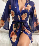 Floral chiffon robe - with a satin tie in the middle - Dala3ny