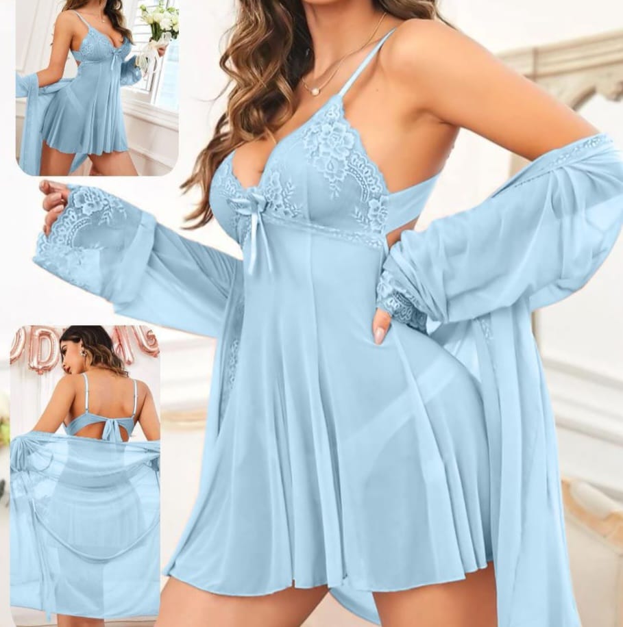 Lingerie chiffon with lace on the chest open back - with a chiffon robe with lace edges of the sleeves - Dala3ny