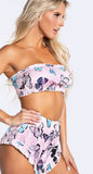 Two-piece cotton pajamas - off shoulder - with butterflies print - with ruffles at the end of the shorts - Dala3ny