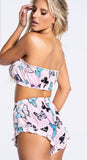 Two-piece cotton pajamas - off shoulder - with butterflies print - with ruffles at the end of the shorts - Dala3ny