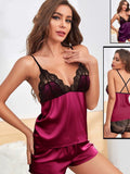 Two-piece satin pajama - with lace at the chest and behind the shorts - Dala3ny