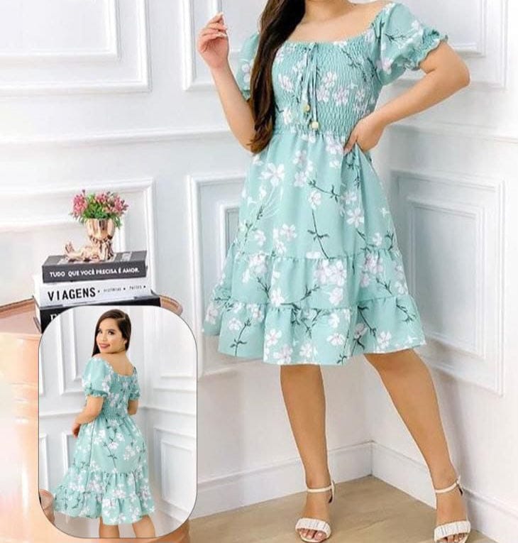 Floral cotton home dress - elastic from the chest - Dala3ny