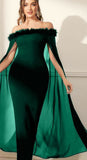 long dress - off-shoulder - with feathers from the chest - Dala3ny