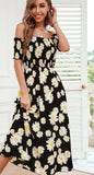 Cotton house dress  - elastic from the chest - off shoulder - with a sunflower print - Dala3ny