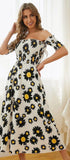 Cotton house dress  - elastic from the chest - off shoulder - with a sunflower print - Dala3ny