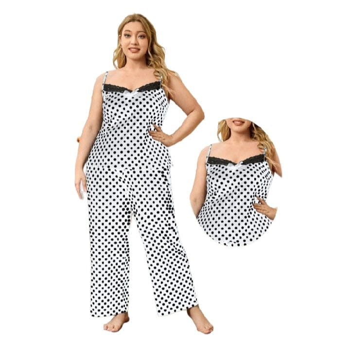 Two-piece satin pajama - dotted - with lace from the chest