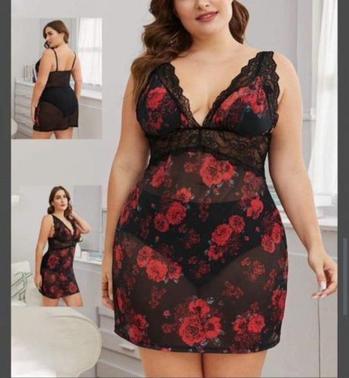 Floral chiffon lingerie with lace -  two pieces