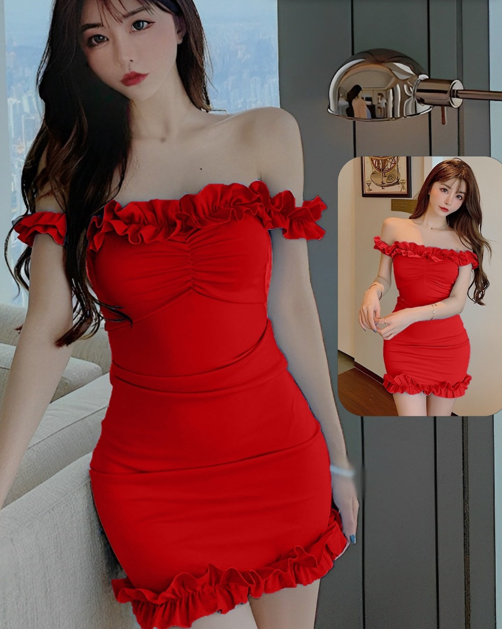 Lycra off-shoulder house dress - with ruffles from the tail and at the chest