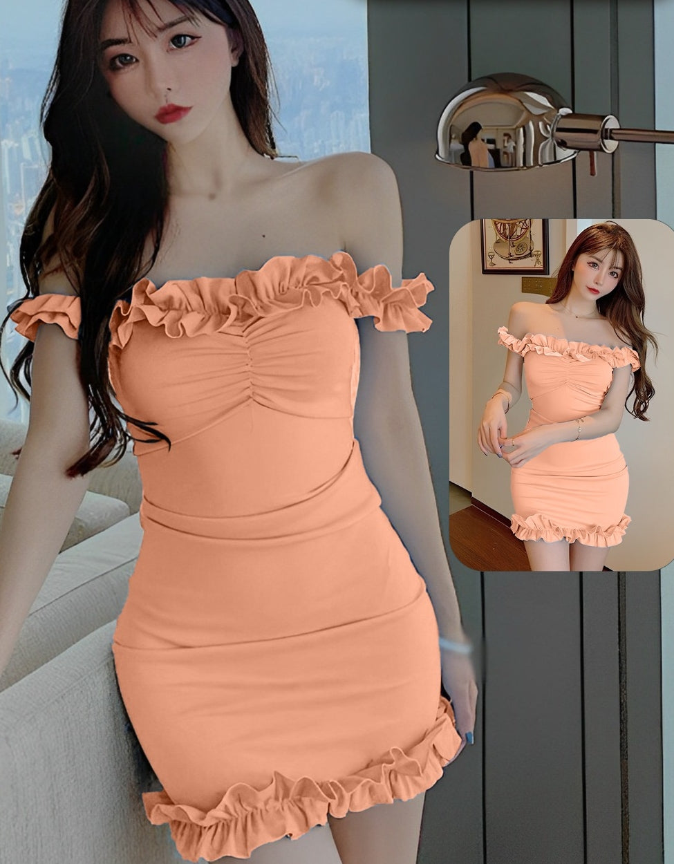 Lycra off-shoulder house dress - with ruffles from the tail and at the chest