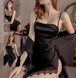Two-piece satin lingerie - with lace from the tail - with a seven-tail cut