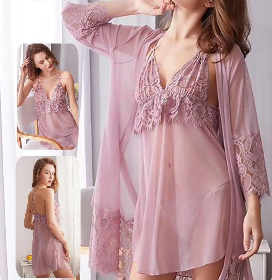 Lingerie chiffon 3 pieces with lace from the chest - from the sleeves of the robe and the tail