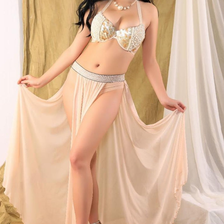 Two-piece belly dance suit - embroidered with pearls and mother of pearl