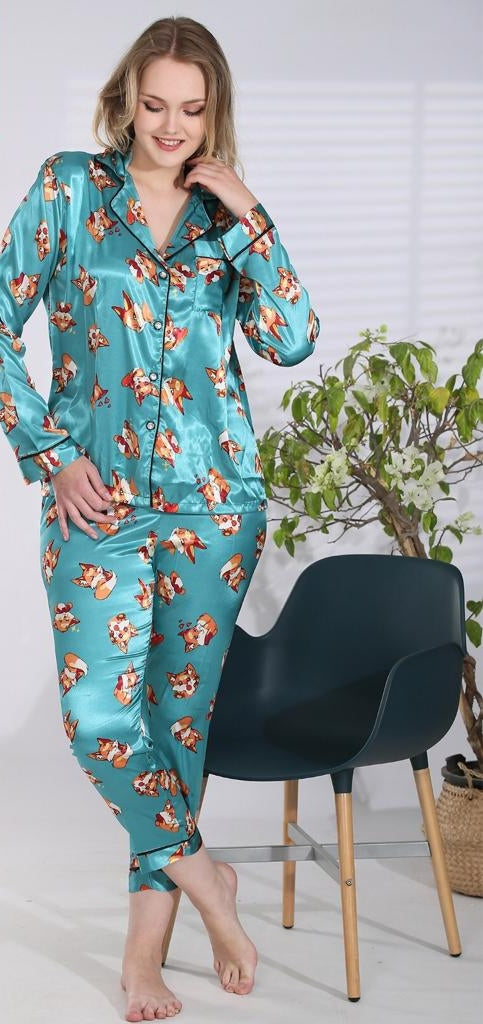 Two-piece satin pajamas - with a cat print