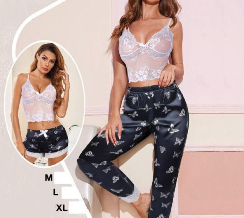 Satin pajama with lace - 3 pieces - with butterflies print