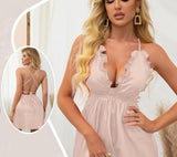 Short home dress - satin - with ruffles from the chest - open back