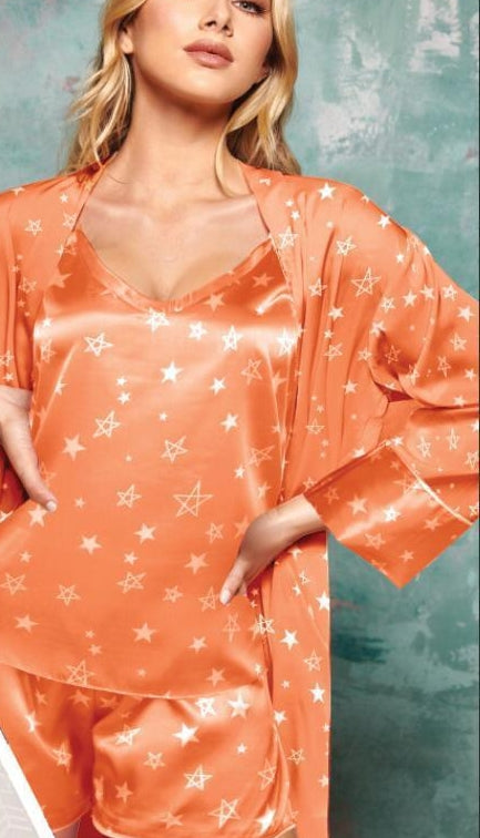 3-Piece Satin Pajama - With Star Print