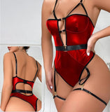 Leather jumpsuit - with ropes on the chest with small metal rings - with a belt in the middle