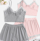 Two-piece ribbed cotton pajama - with lace at the chest and the end of the shorts